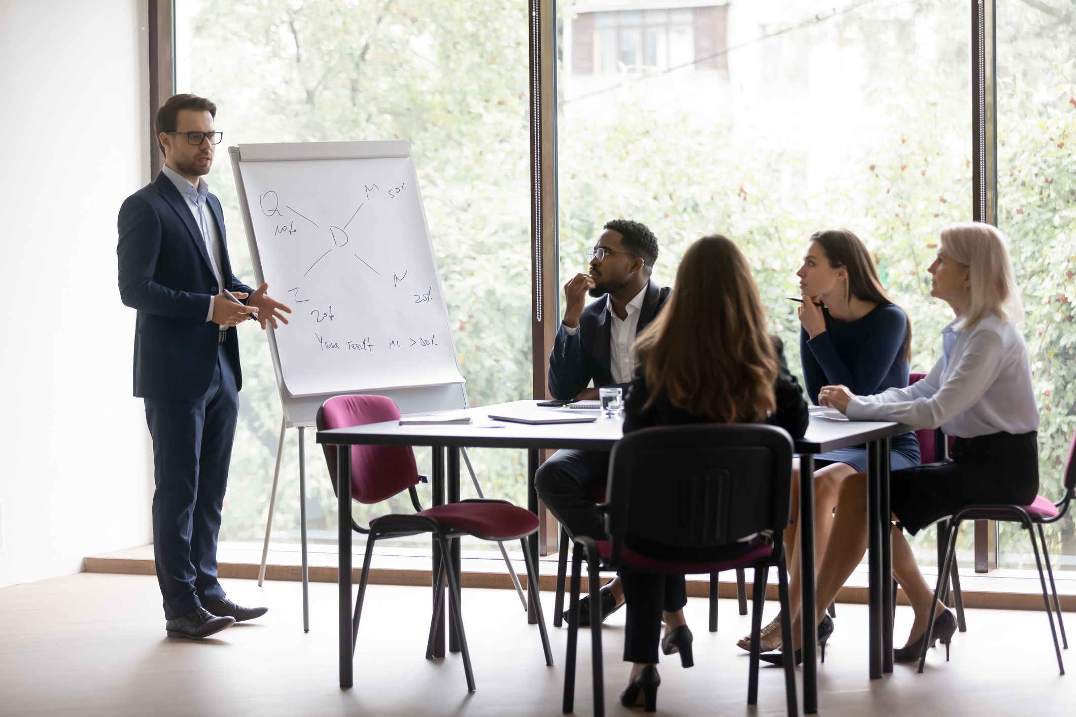 Businessman in suit standing near flip chart in front of interested collective provide information do overview sales result, make presentation for investors, plan common project, coaching work concept